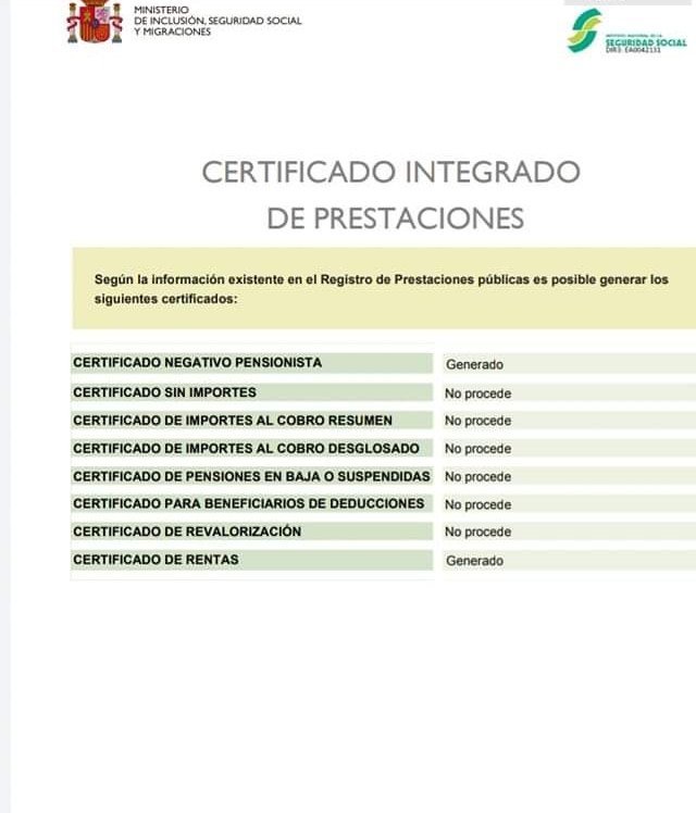 Certificado integrado de prestaciones actualizaciones del IMV